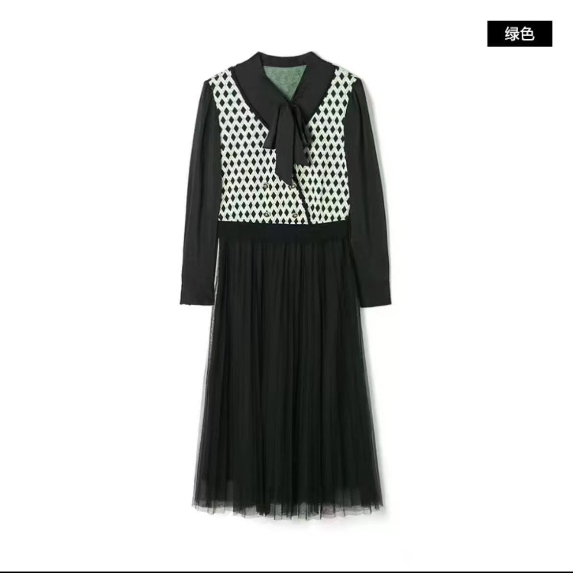 F006针织假两件气质时尚显瘦黑色网纱假两件拼接连衣裙【F006】