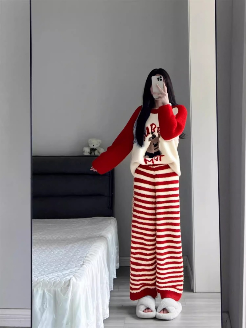 新年红卡通小熊半边绒睡衣女款冬季撞色条纹加厚保暖家居服套装