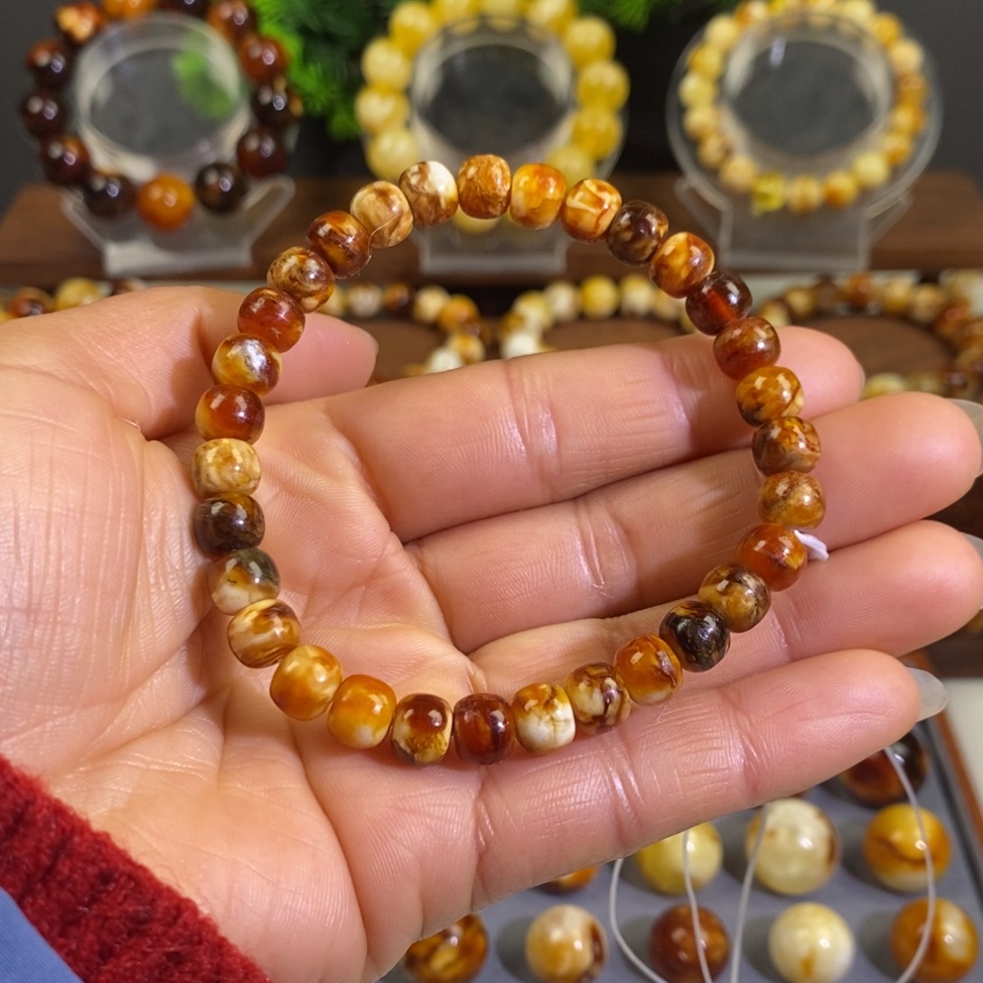 亮***亮琥珀未镶嵌裸石天然沁色蜜蜡老型手串8mm