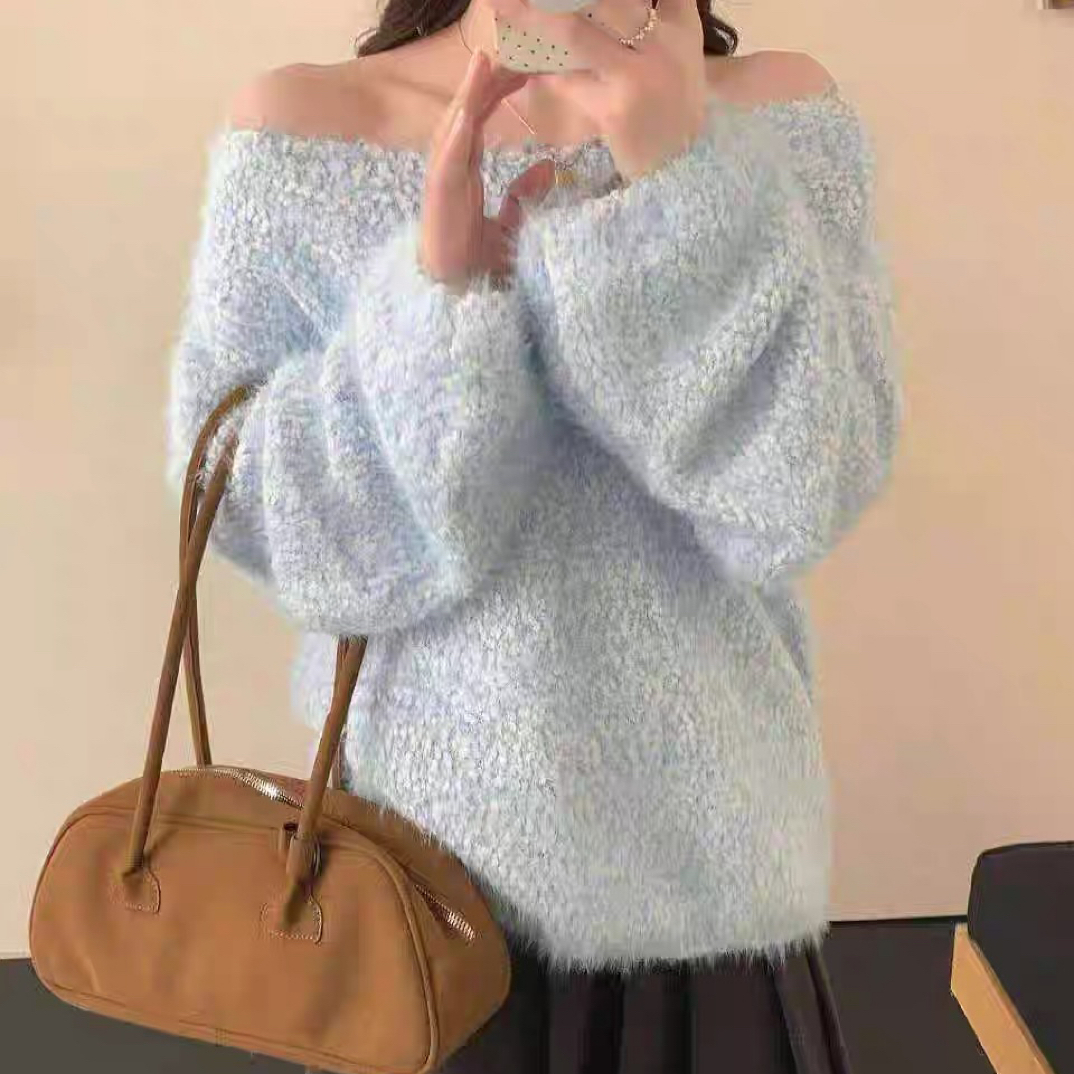 越野兔 纯色水貂毛摇粒绒斜肩毛衣