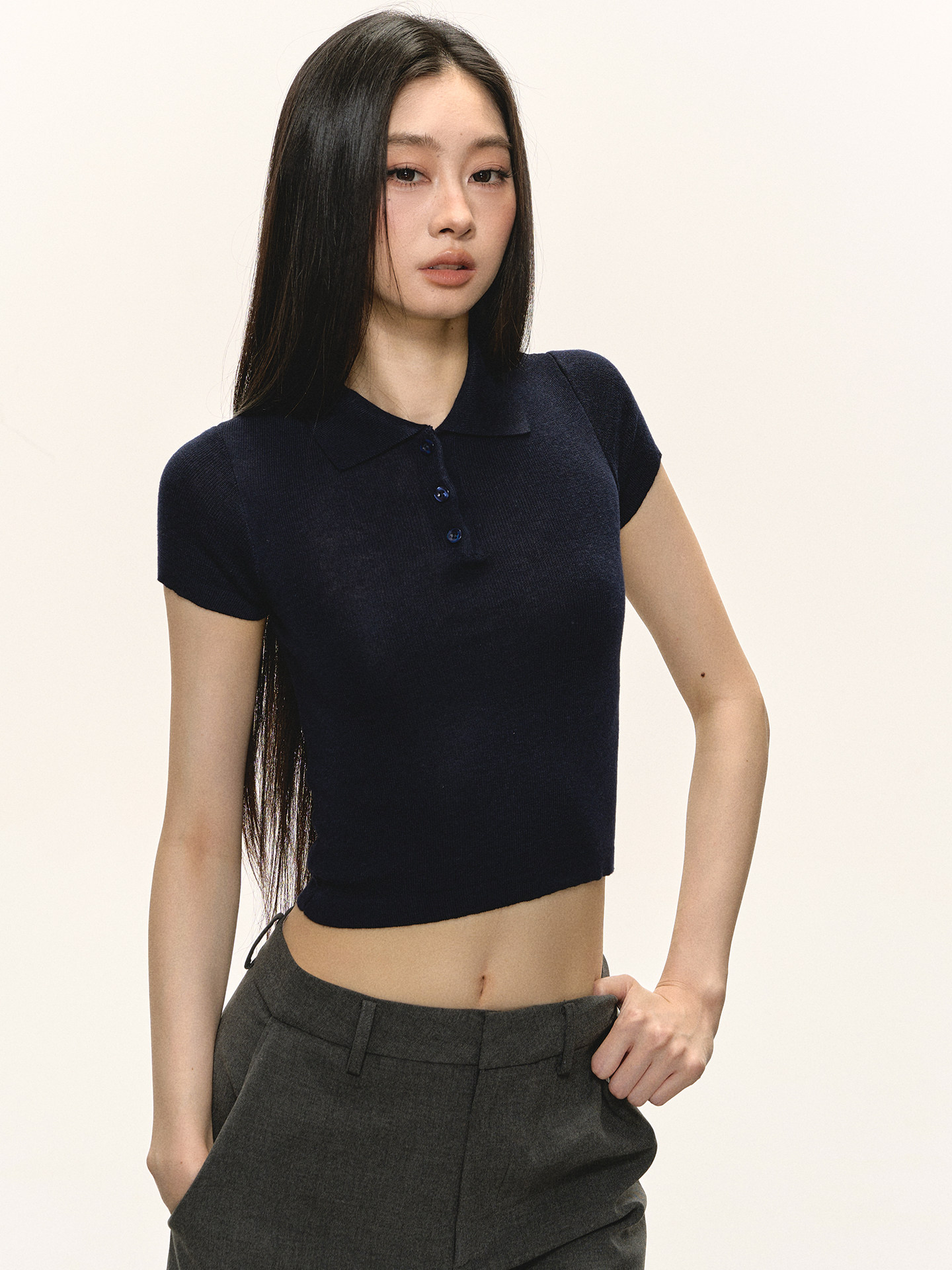 POLO领上衣女夏季蓝色短款露脐修身显瘦短袖t恤潮