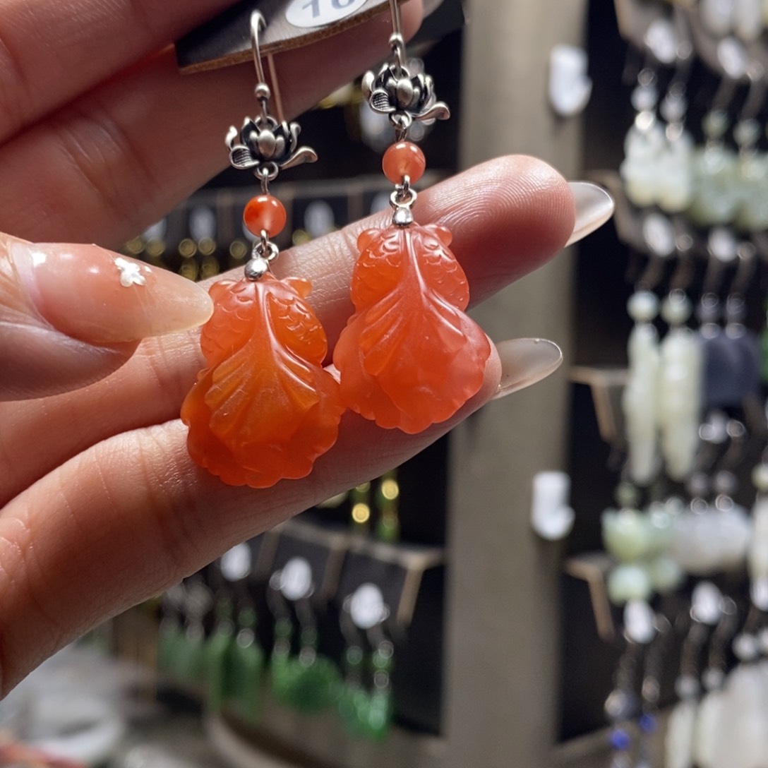 南红玛瑙耳饰银S925镶嵌南*