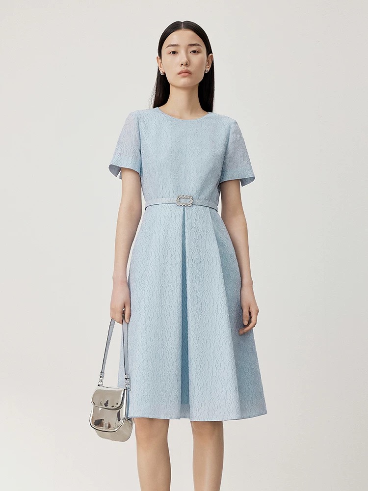 （单款）圆领夏季连衣裙法式收腰A字短裙修身收腰优雅气质蓝色春夏