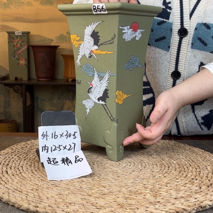 花盆紫砂  超精品果绿仙鹤手绘856