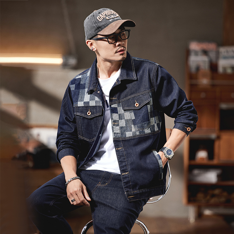 秋冬新款修身时尚百搭蓝色棋盘格酷帅男士牛仔外套夹克男
