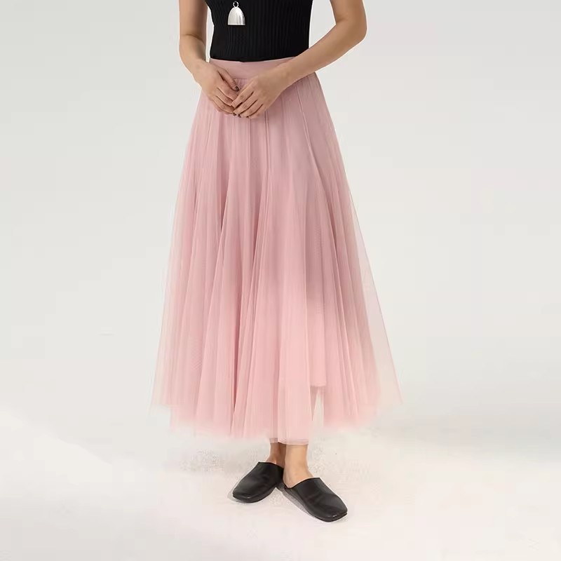 张小某知性风粉色大摆纱裙女秋季新款中长款a字半身裙 Q0297
