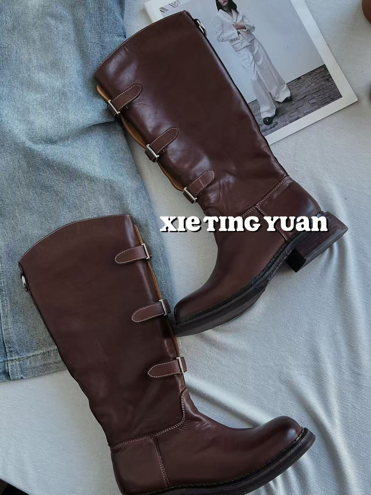 【微瑕严重】【不退不换】马皮做旧水洗皮带扣长靴显瘦骑士靴7702