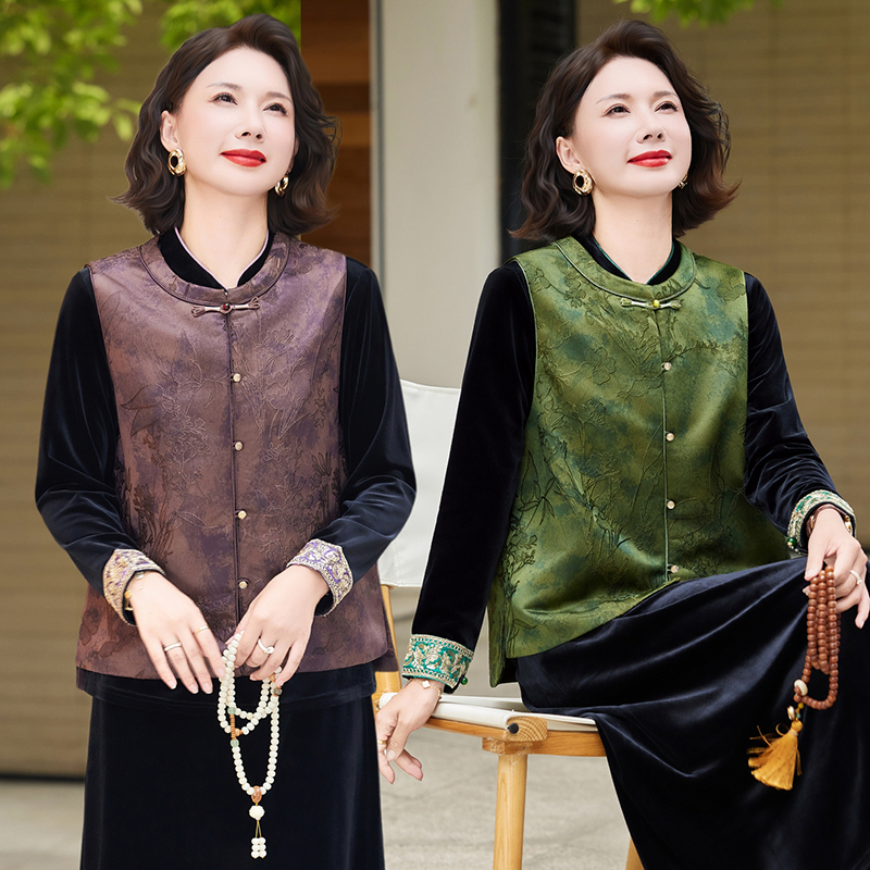 新中式妈妈装金丝绒三件套马甲+打底衫+半身裙时尚贵气中年女装