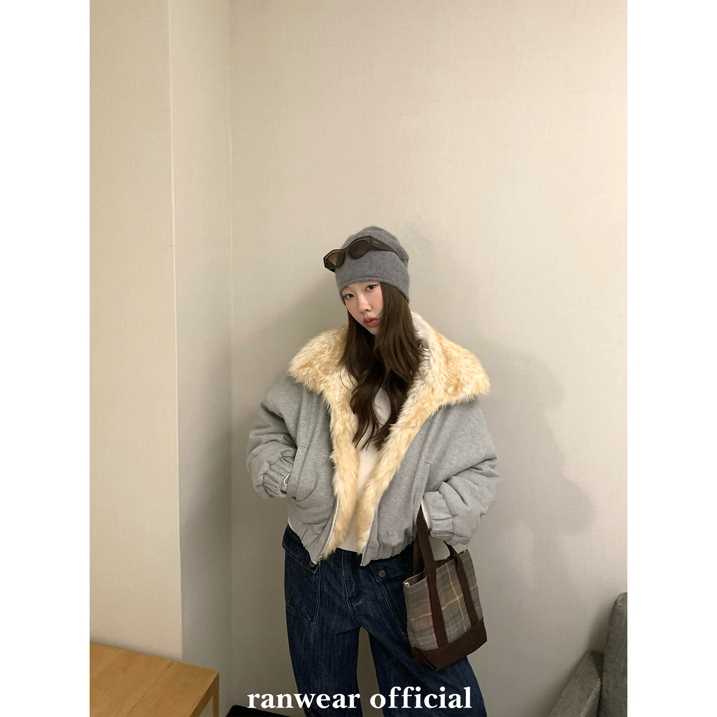 Ranwear'神秘范伊克'双面可穿!翻立领内全环保毛落肩微廓短厚外套