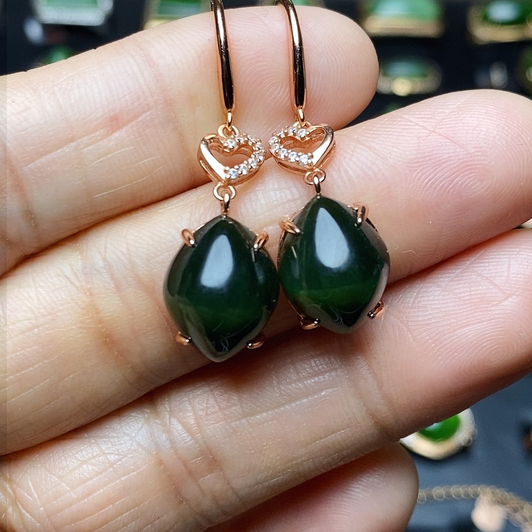 和田玉（碧玉）耳饰银S925镶嵌