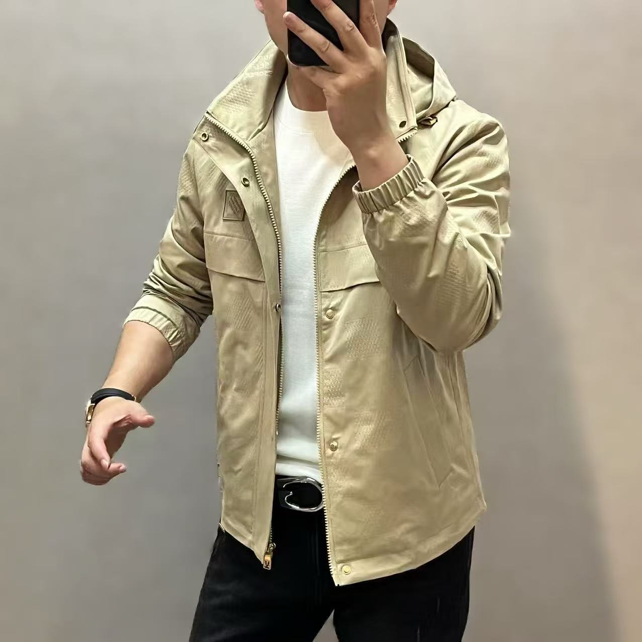 新款高端潮流男士时尚百搭暗纹连帽夹克A25268