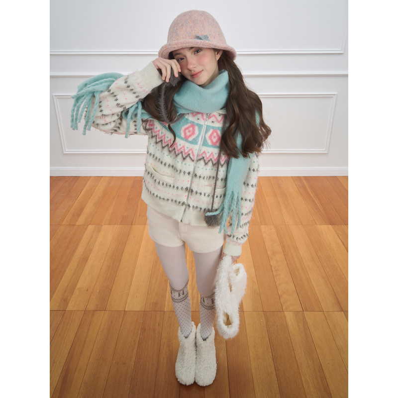 NECY 费尔岛雪花针织毛衣秋冬氛围感甜美开衫可爱复古软糯外套女