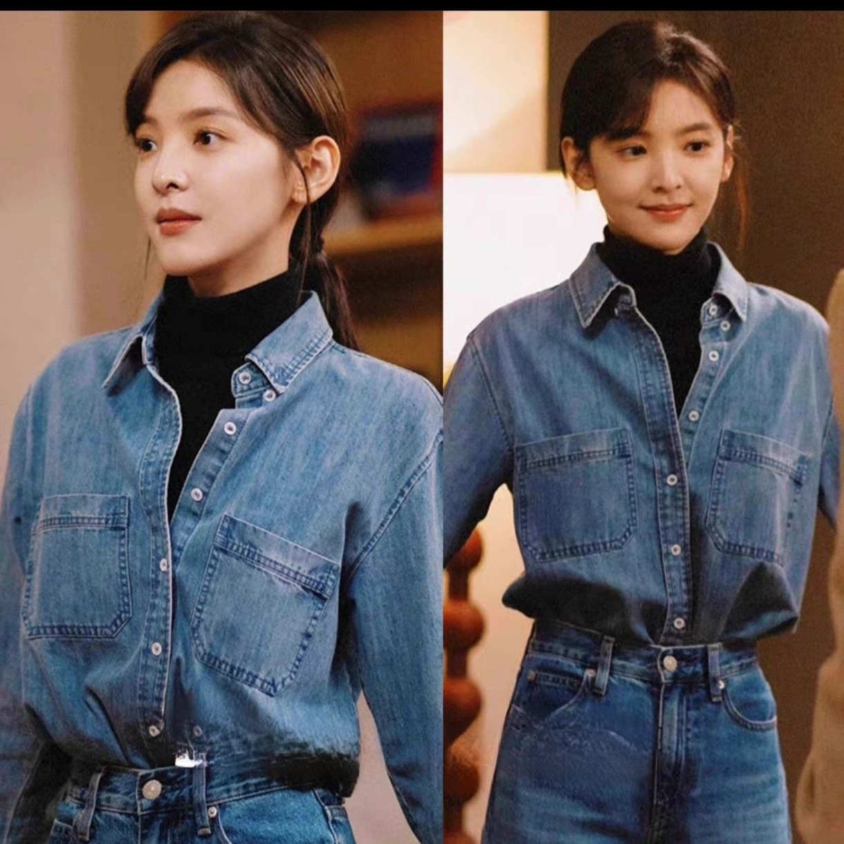 不褪色女长袖单排扣秋季蓝短外套春秋学生短款牛仔翻领百搭