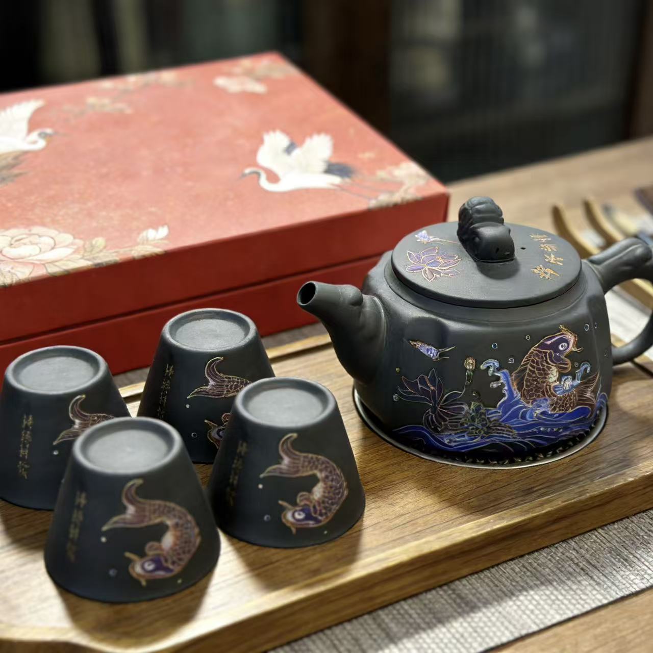 深井老紫泥紫砂（锦绣前程）四方壶+4杯-盘-礼盒-3054