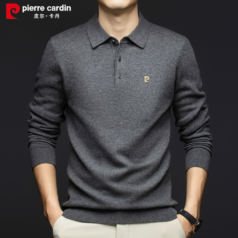 皮尔卡丹100%羊毛衫男翻领羊毛冬季加绒加厚男士打底针织衫毛衣