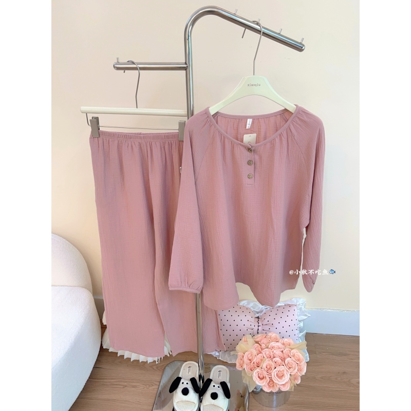 韩系简约纯色棉纱睡衣女夏季短袖休闲宽松可外穿棉纱家居服两件套