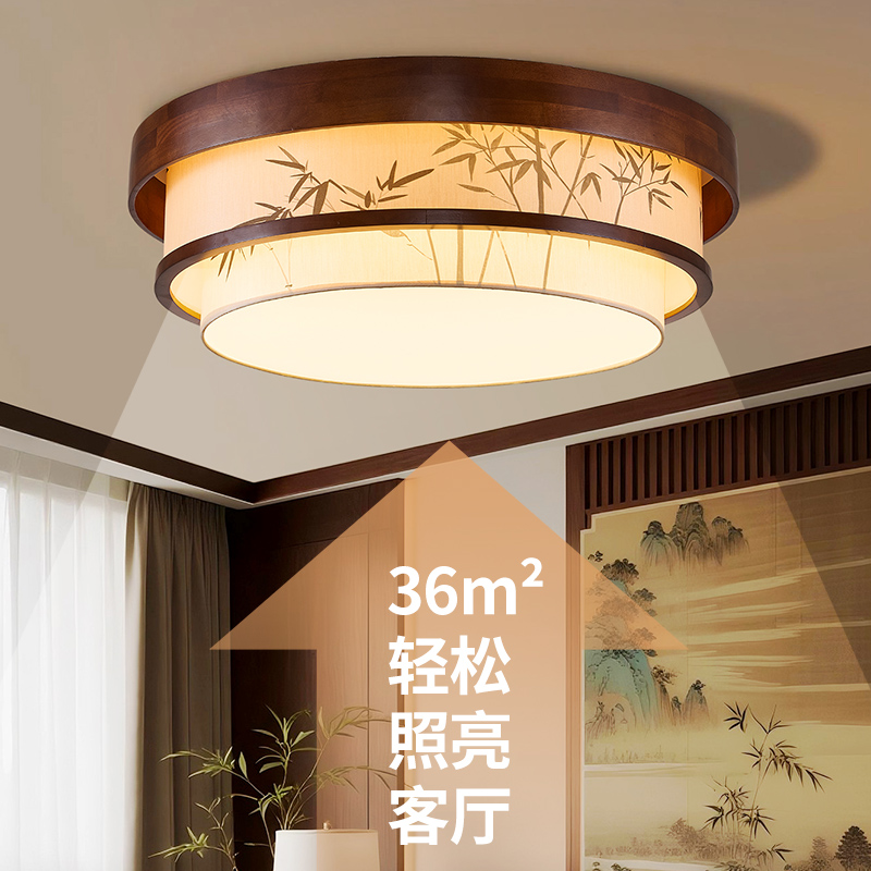 宋代美学圆形胡桃木色彩绘山水风情客厅吊灯餐厅卧室茶室包厢灯