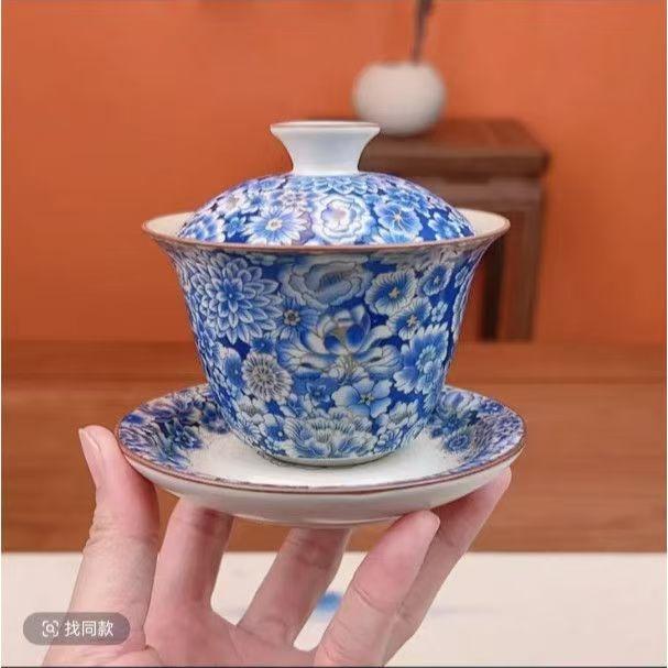 G1556-青花万花三才手工盖碗茶盖碗三件套MC（清仓茶具）