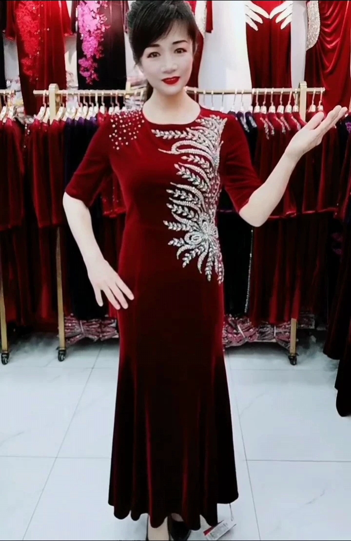 品牌春夏重工手工钉珠优雅气质婚庆喜宴礼服喜婆婆喜妈妈装
