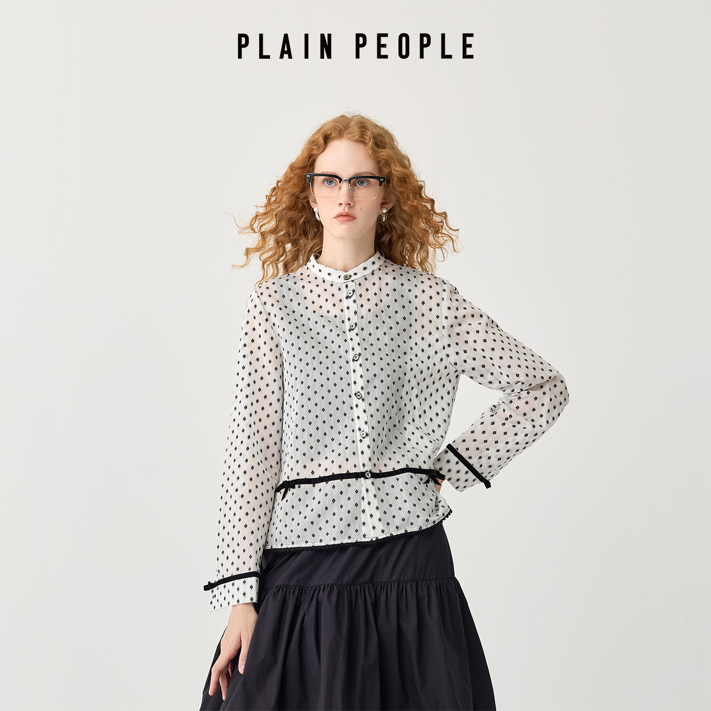 PLAIN PEOPLE法式浪漫少女提花立领撞色织带衬衫上衣2025秋季新款