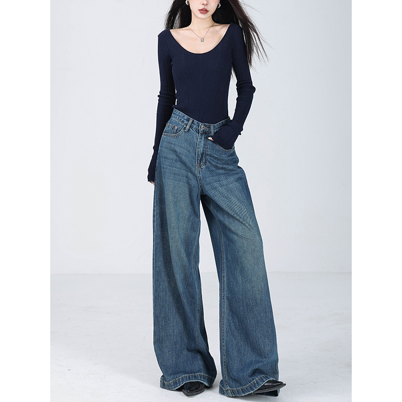 ABWEAR 2025年新款早秋美式蓝色阔腿宽松牛仔裤女直筒休闲拖地裤