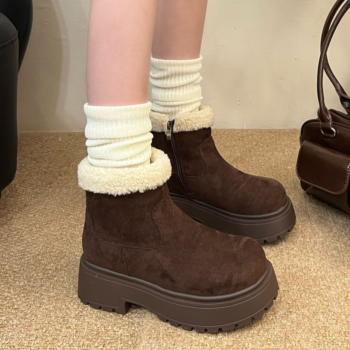 韩版低帮格子胶粘冬季时尚雪地靴加绒短靴棉靴靴子M9877-25