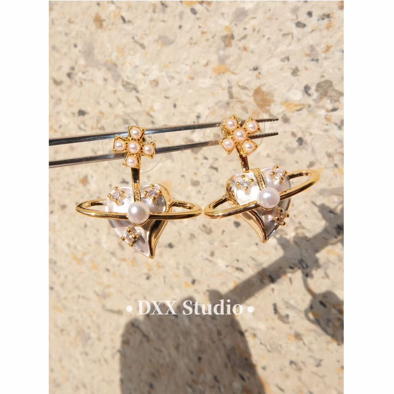 铜合金仿珍珠耳饰 小众设计金色爱心ins耳饰47420