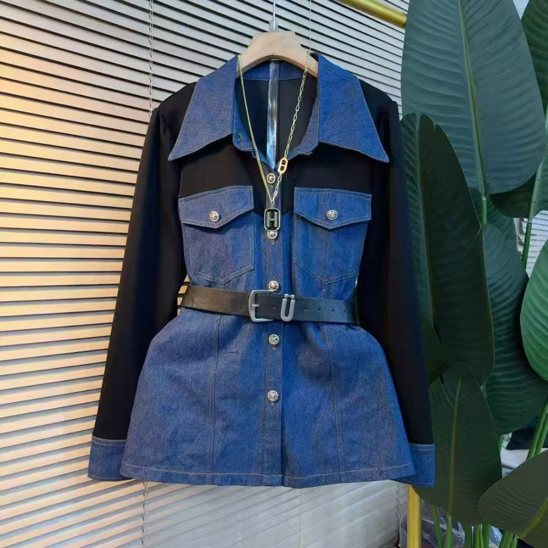 加肥显瘦拼接牛仔翻领长袖收腰上衣大码女装欧洲站春冬款百搭衬衫