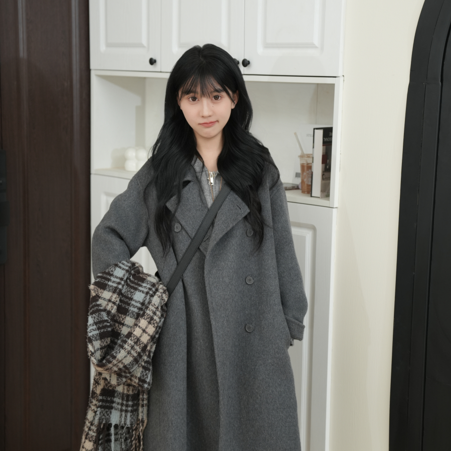 宽松气质百搭时尚中长款大衣女士秋冬款小个子双面毛呢大衣