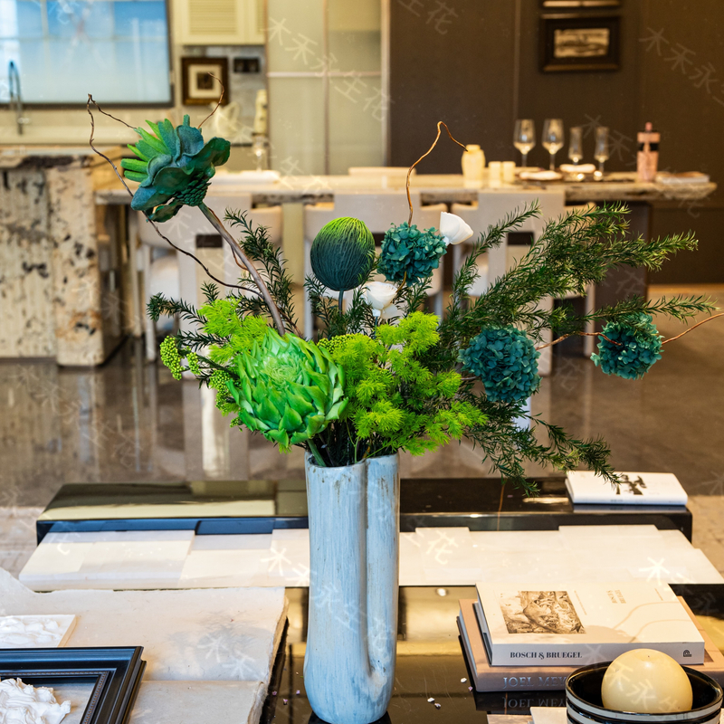 【高山流水】青雾花球松枝花束 冷系青调装饰花艺 松枝青球家居摆件