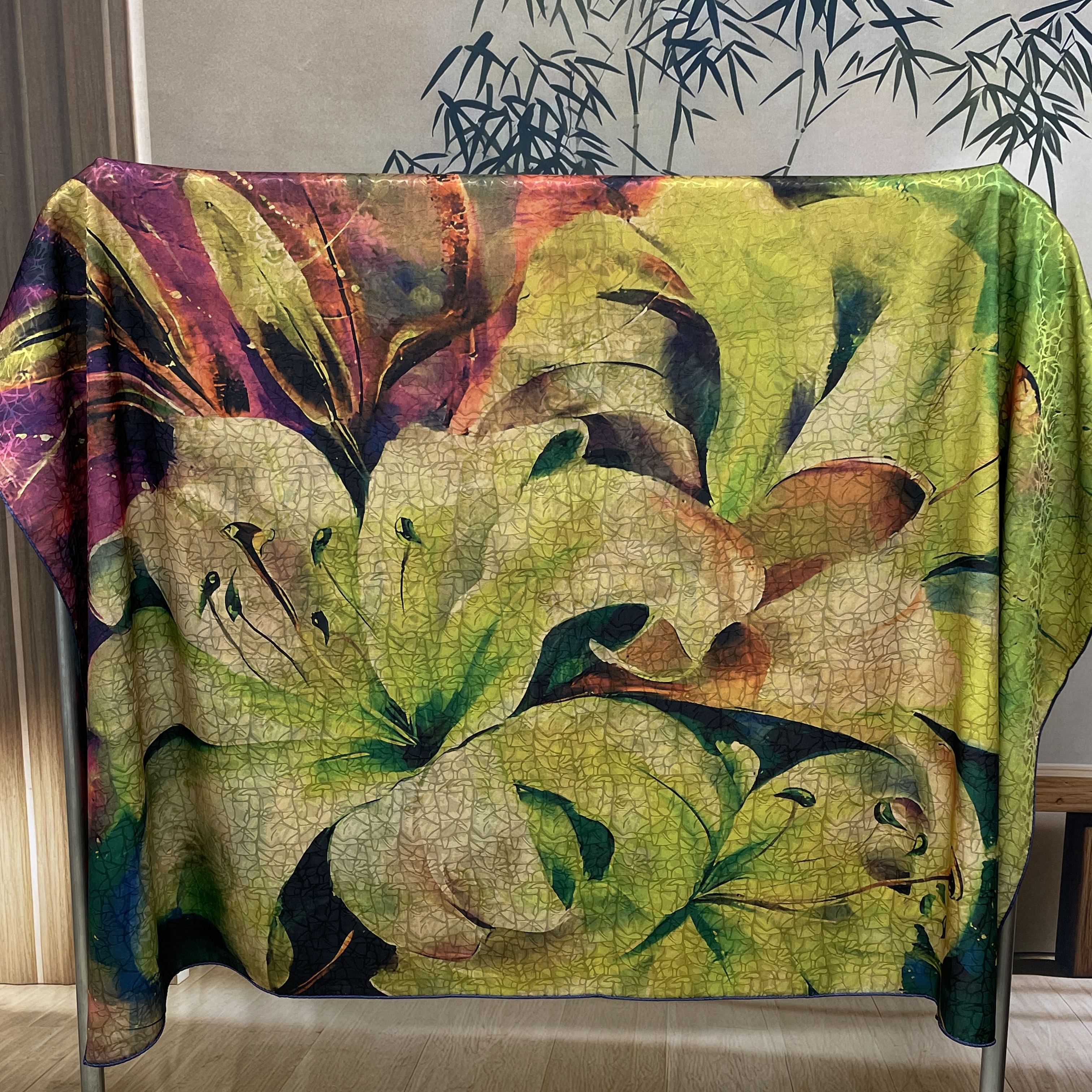 【油画百合】140*140秋季新中式高定国风百搭旅行围巾(958)