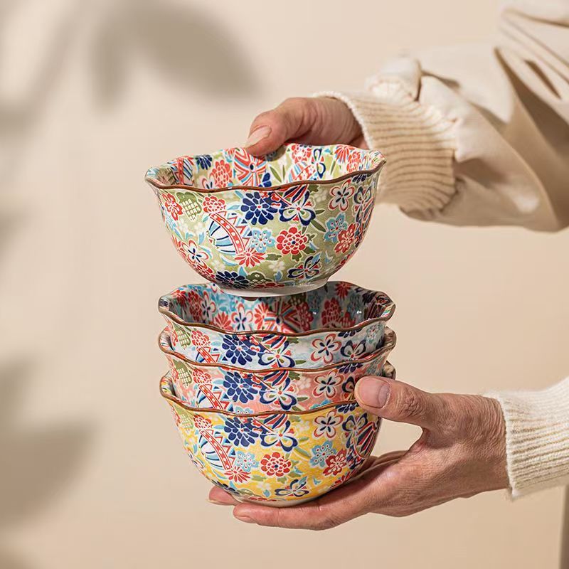繁花系列5英寸四色米饭碗（四个颜色各一个）（四个）釉下彩陶瓷餐具