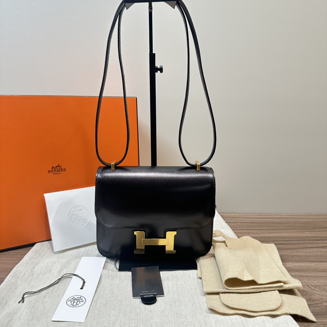 99新 Hermes/爱马仕 黑金box皮康康单肩包 61832