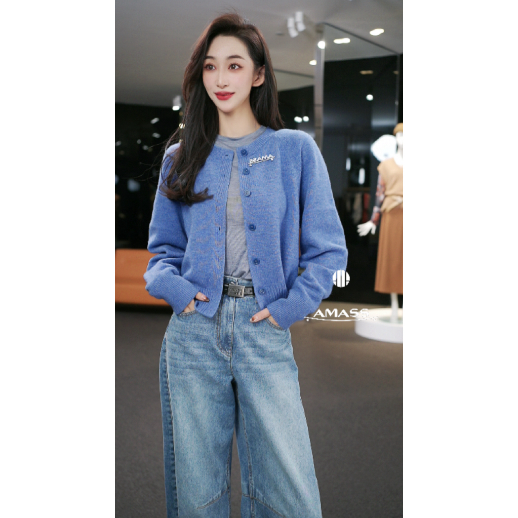 AMASS/阿玛施秋冬新款时尚百搭韩系条纹撞色圆领针织开衫  548033