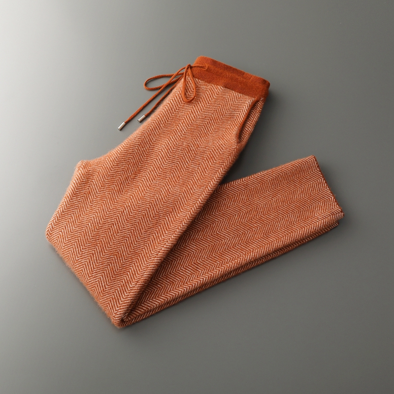 【100%纯羊毛】秋冬厚款外穿男士高腰裤时尚人字纹弹力束口保暖长裤