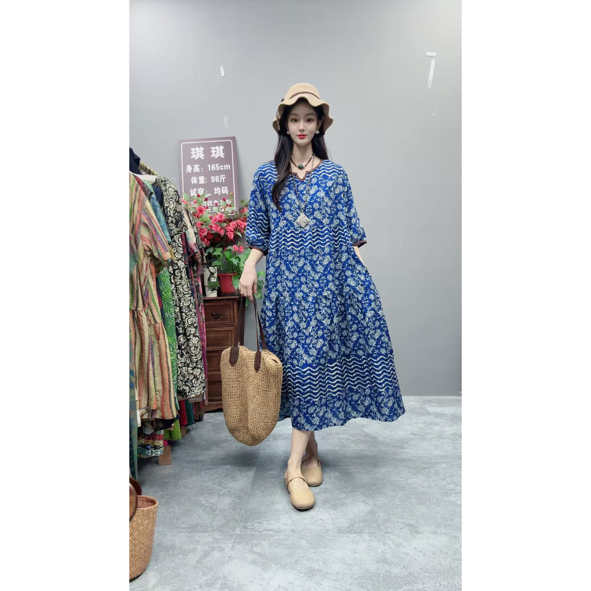 5286夏季新款显瘦气质时尚女百搭休闲文艺复古印花洋气宽松连衣裙