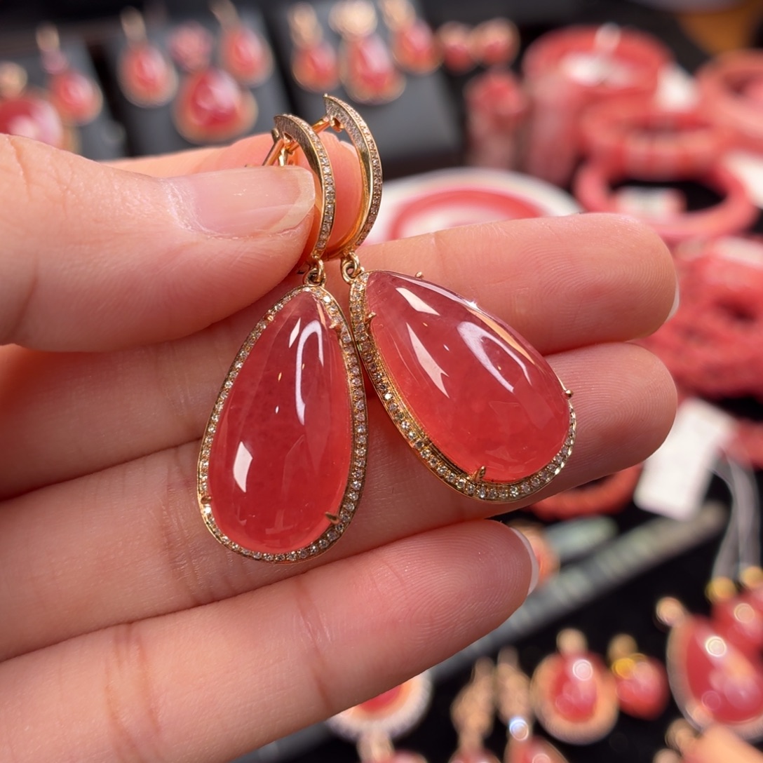 菱锰矿（红纹石）18K金镶嵌耳环