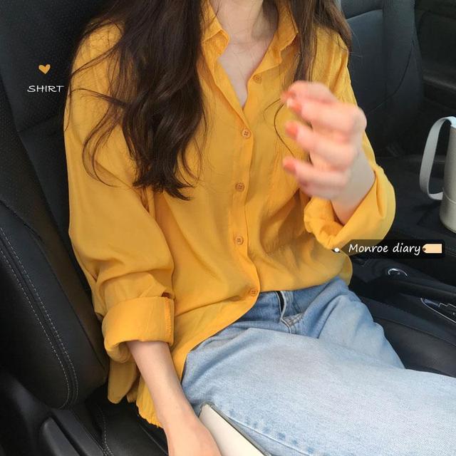 设计感小众黄色衬衫2025新款夏季女装宽松长袖衬衣韩版中长款上衣