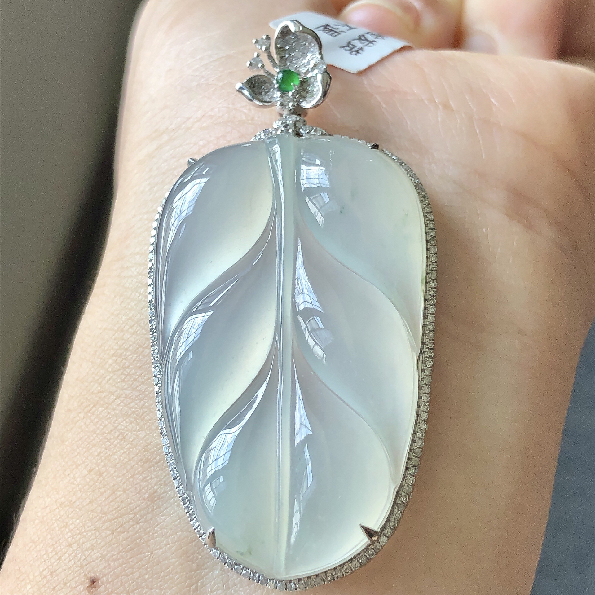 缅甸天然A货翡翠18k金镶嵌老坑冰种大叶子吊坠尺寸55.2/28/9