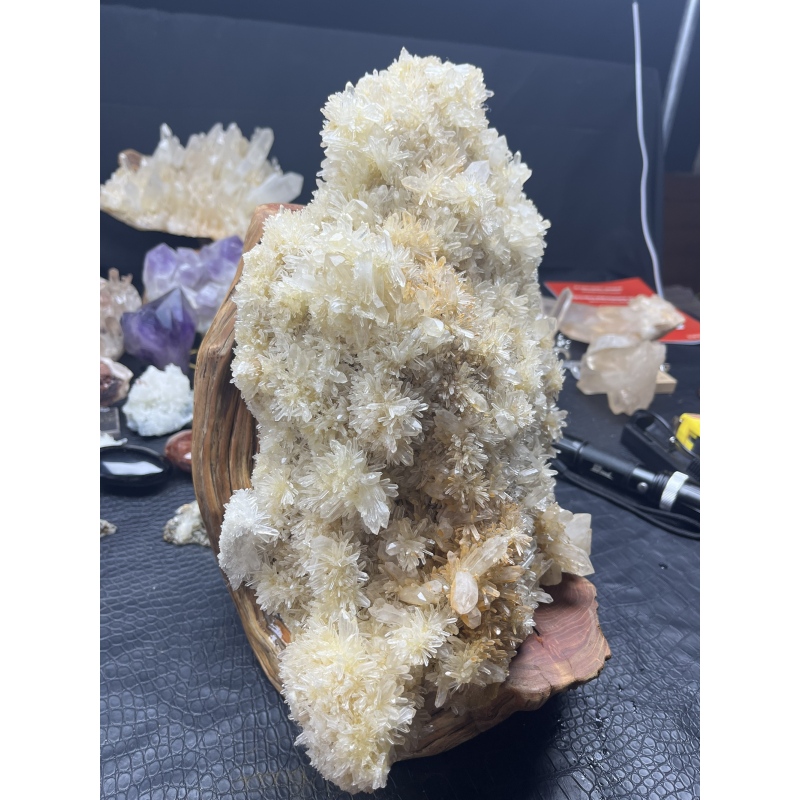 11斤大漏！大摆件罕见菊花水晶簇香槟色招米办公玄关装饰带风化木