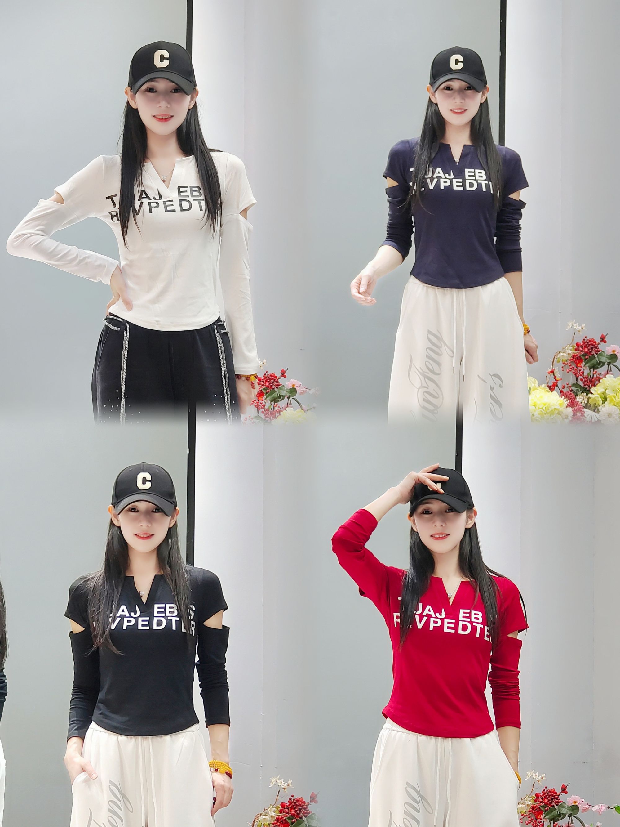 D6853长袖开口字母V领莫代尔T恤显瘦印花短款辣妹