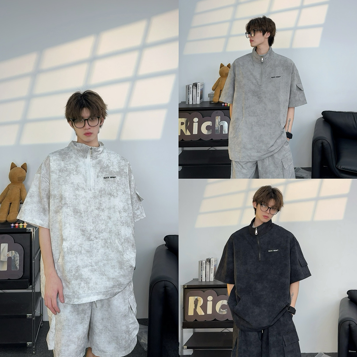 凉感夏季薄款透气运动套装扎染工装套装T恤短裤两件套潮流套装男