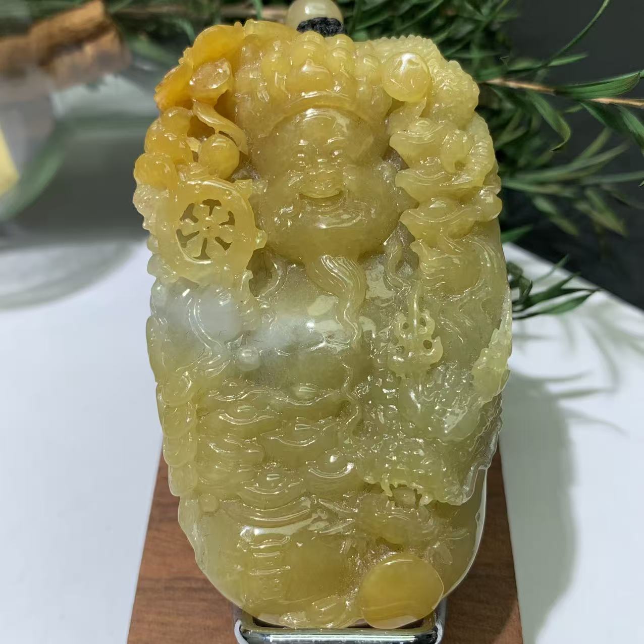 缅甸天然A货翡翠财神吊坠  糯冰黄翡大厚精雕  基地质检 直播看货