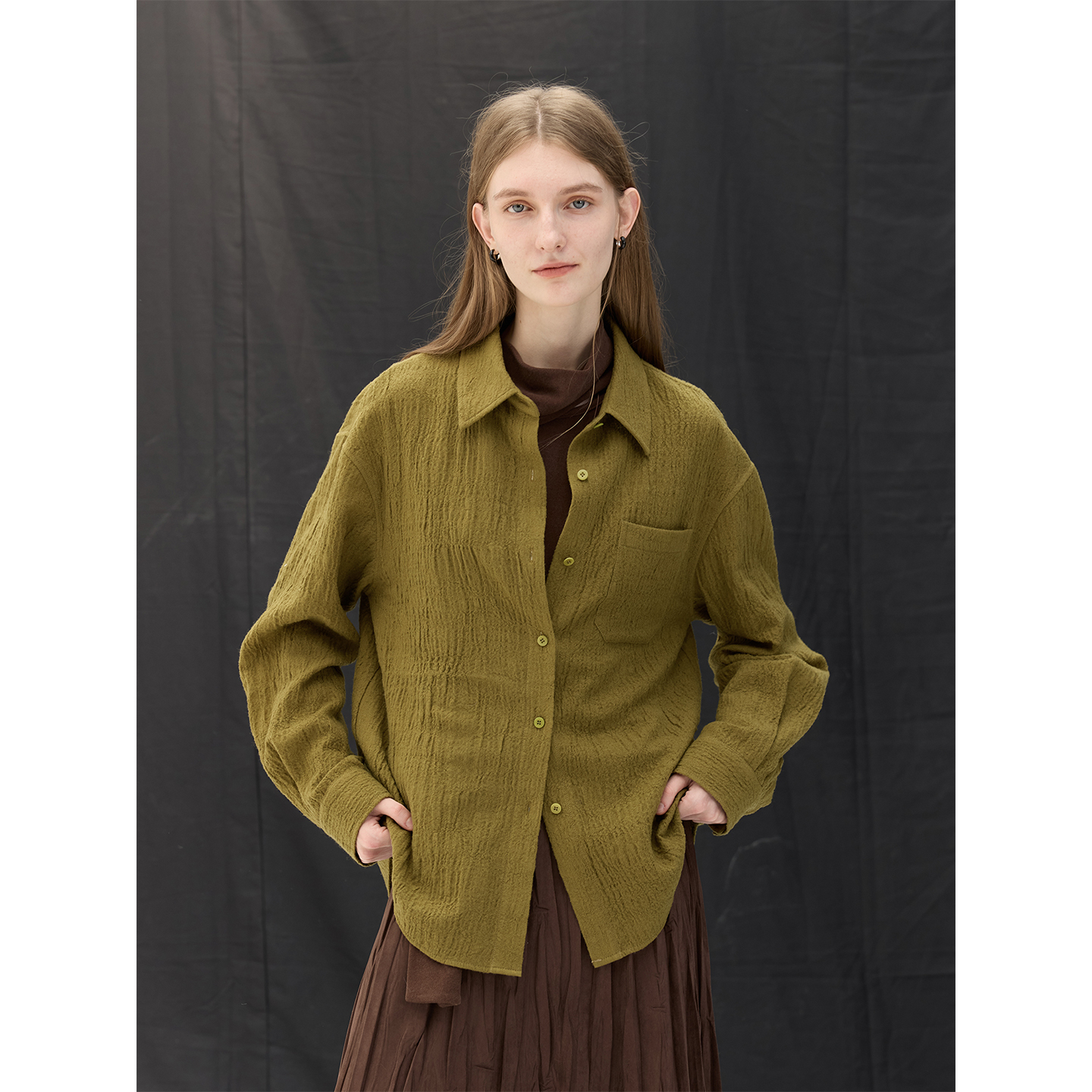 CHALAMON夏拉蒙 褶皱肌理感长袖衬衫女休闲慵懒气质羊毛宽松上衣