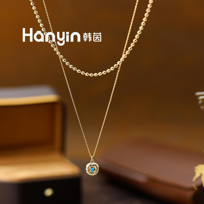 铜合金项链 简约百搭肌理小方块搭配折射米珠双层叠戴项链