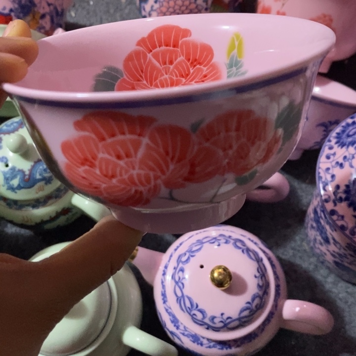 摆件陶4.5寸红稀土芙蓉花碗