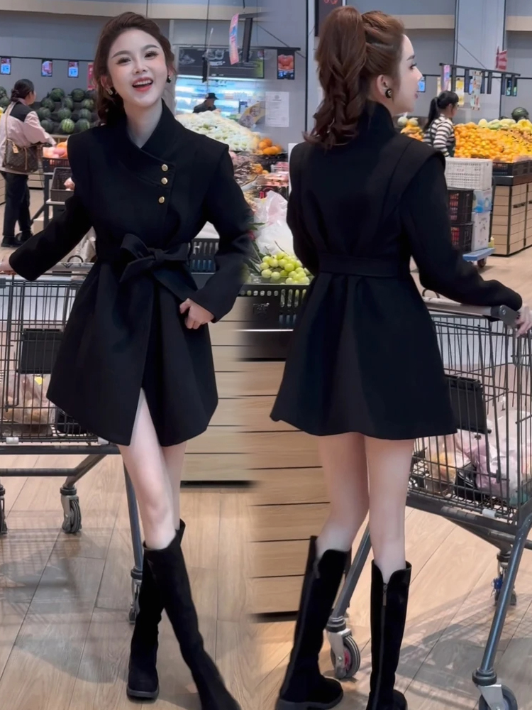 中长款女直下摆秋冬厚款毛呢外套洋气收腰外套气质