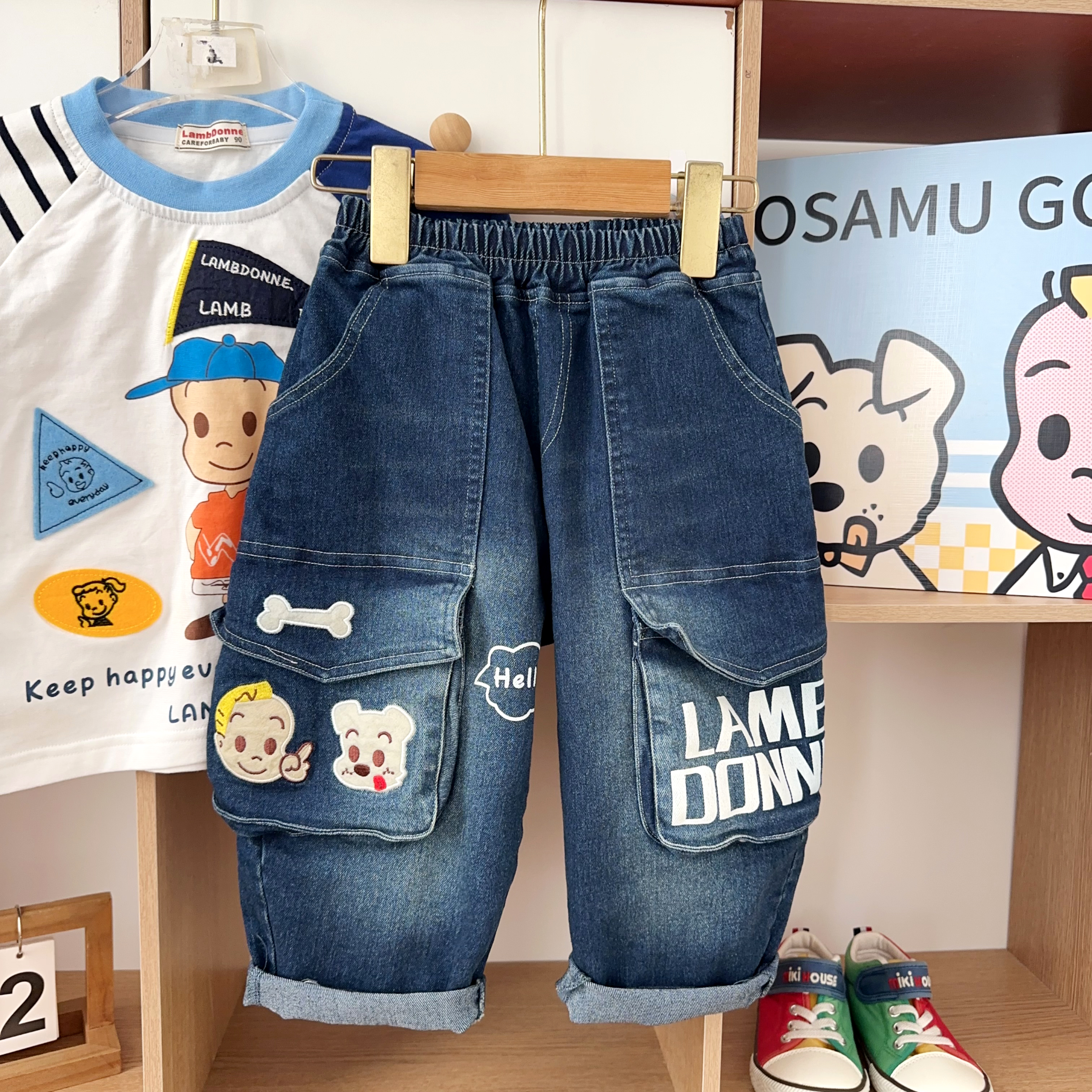 男宝春秋牛仔裤洋气中腰长裤日系原田工装裤儿童纯棉百搭休闲裤