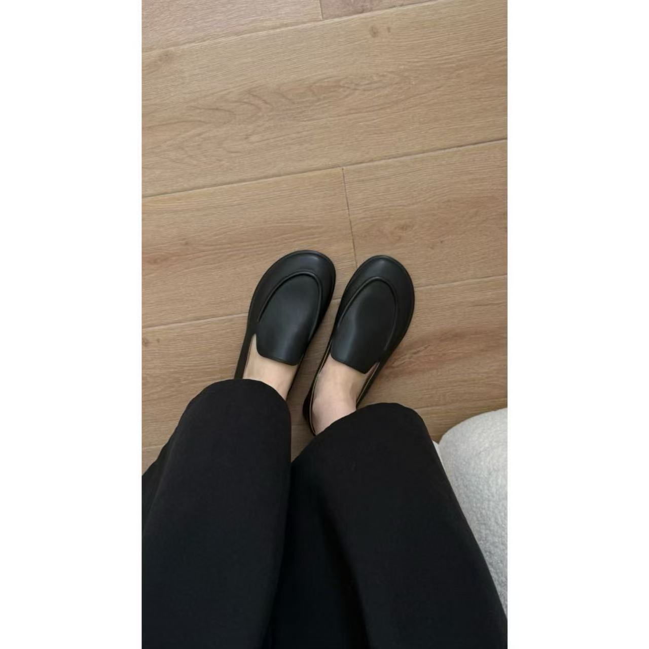 光版单鞋 春季平跟休闲百搭复古黑色日系平底真皮圆头单鞋休闲鞋