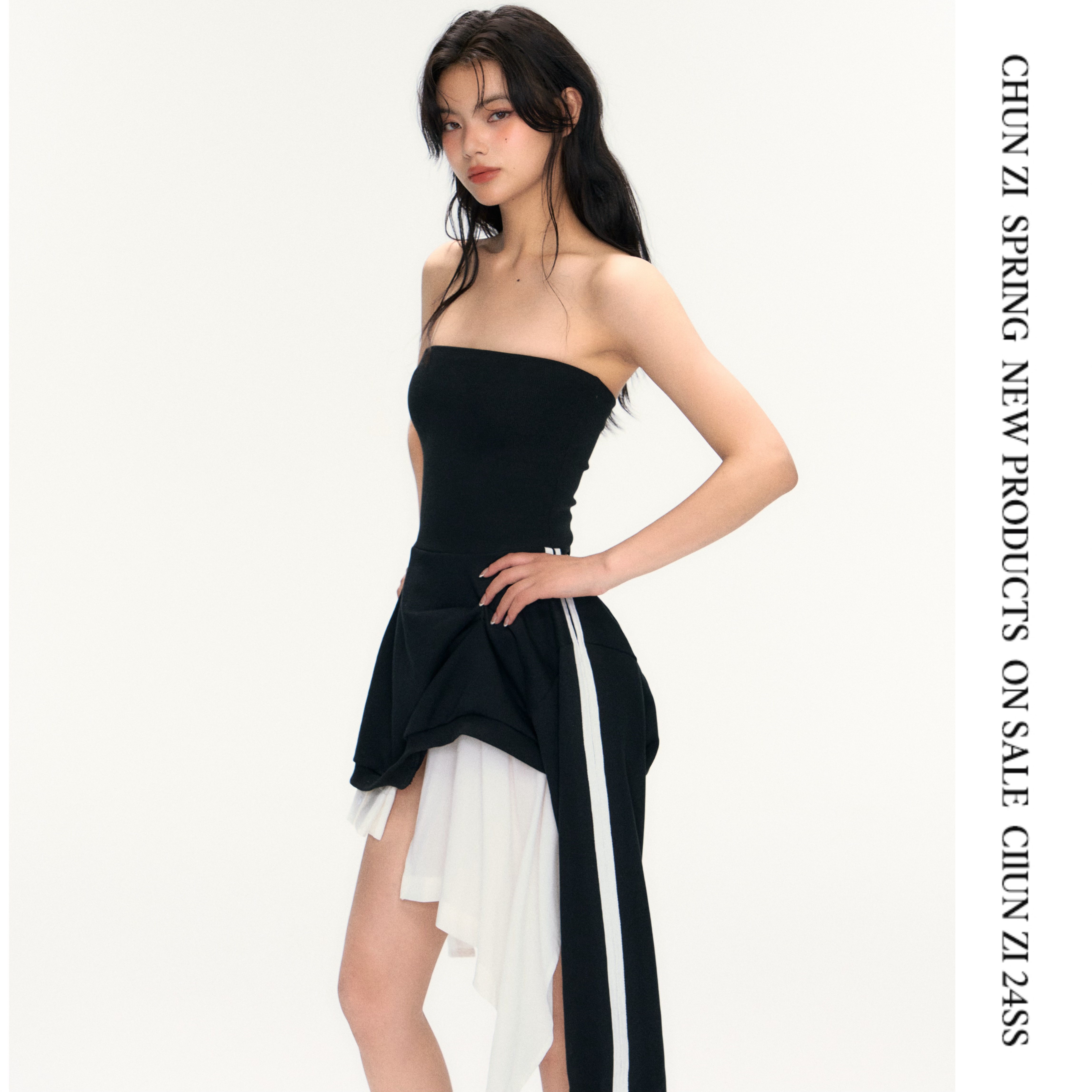 【CHUN ZI】黑色抹胸连衣裙女夏新款修身显瘦不规则中长裙